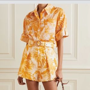 ZIMMERMANN MAE LINEN PALM PRINT BELTED SHORTS AND BUTTON UP TOP SET